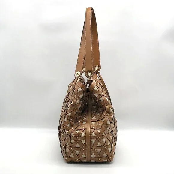 Michael Kors Tan Leather & Canvas Large Brooklyn Tote Bag - Picture 3 of 10